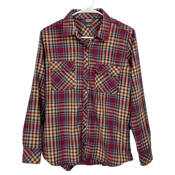 Outdoor Research Size Medium Red Plaid Flannel Shirt Hidden Key Pocket Hiking - Picture 1 of 8